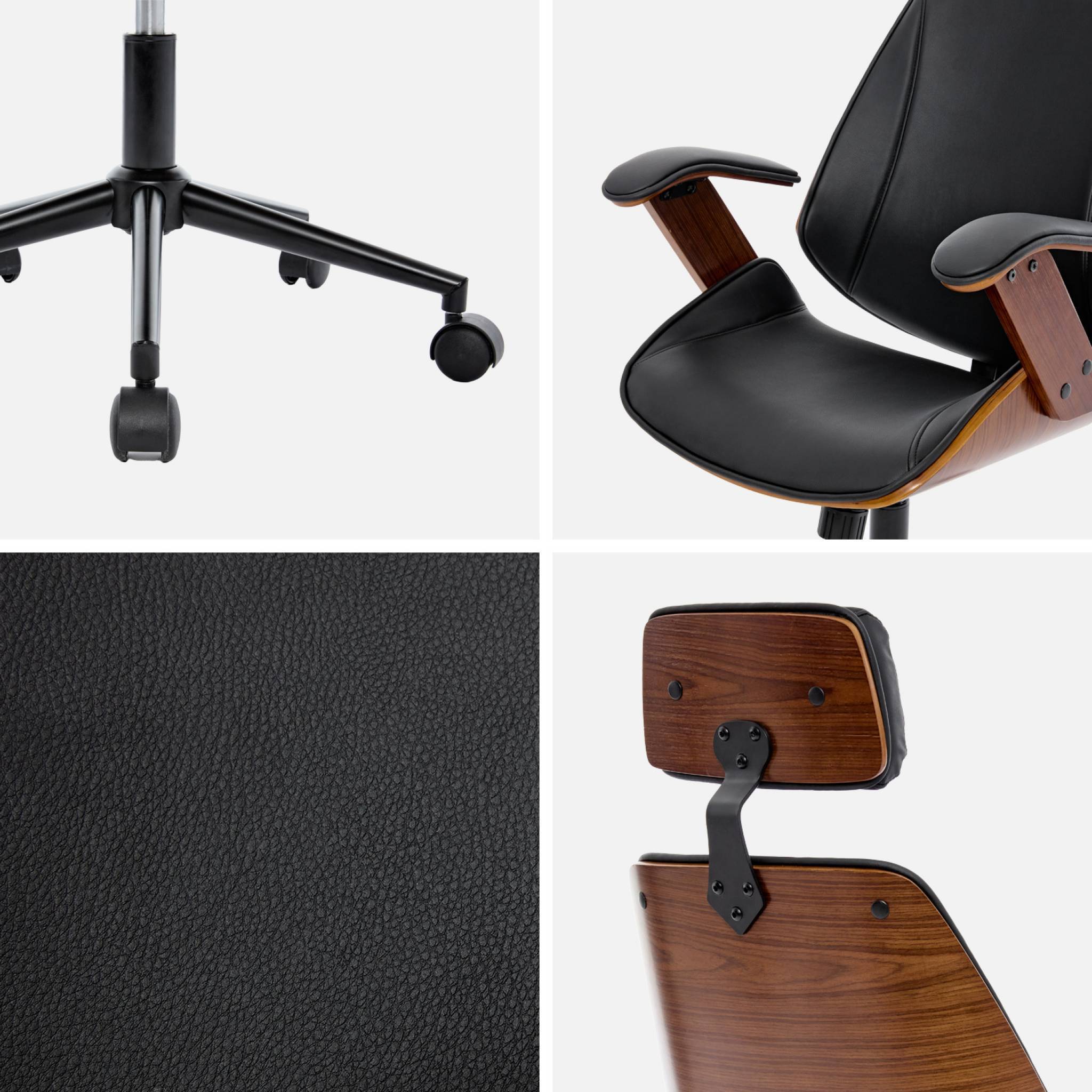 sweeek - Chaise de bureau à roulettes décor bois courbé placage effet noyer et simili cuir noir | sweeek - Image 5