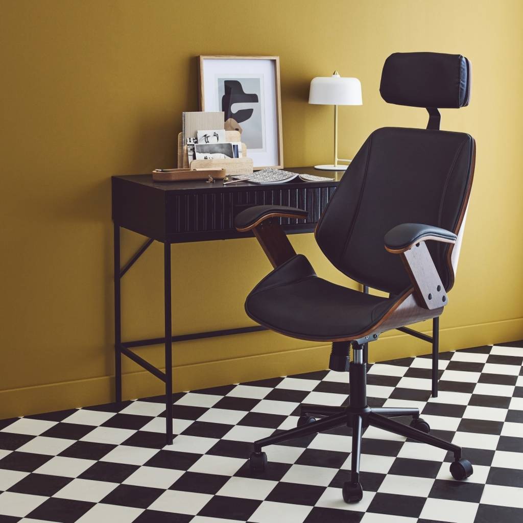 sweeek - Chaise de bureau à roulettes décor bois courbé placage effet noyer et simili cuir noir | sweeek - Image 1