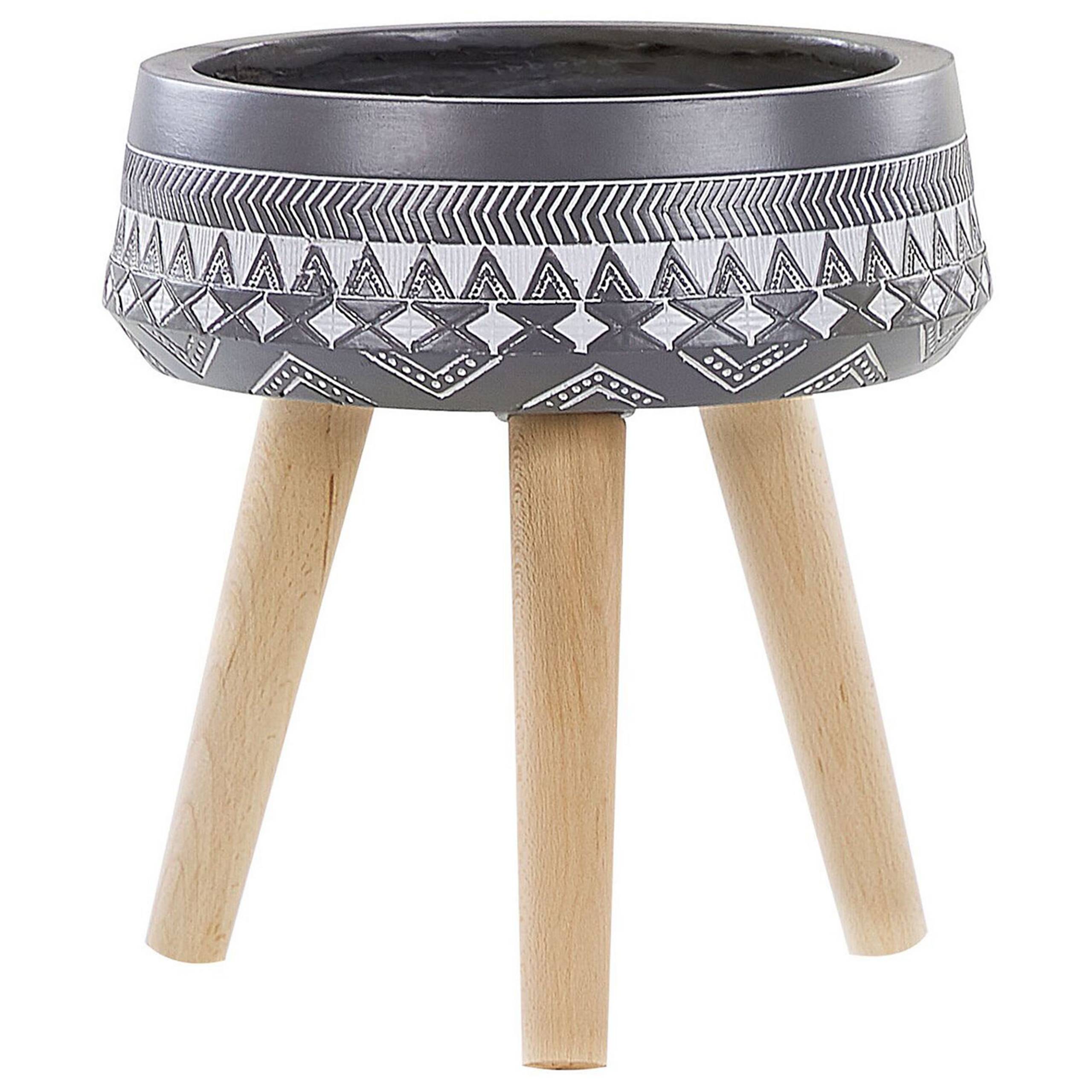 Beliani - Cache-Pot Support Plantes Gris avec 3 Pieds en Bois 28 cm de Diamètre Motif Ethnique Peint à la Main Idéal pour Extérieur et Intérieur Beliani - Imagen 1