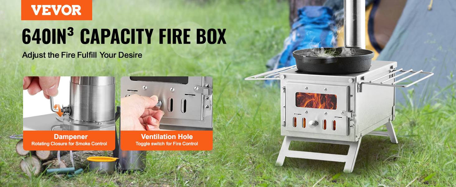 VEVOR Poêle à bois portable 80 pouces inox, 8 tuyaux, gants, pour tente camping 700 po³, cuisine/chauffage. - Image 9