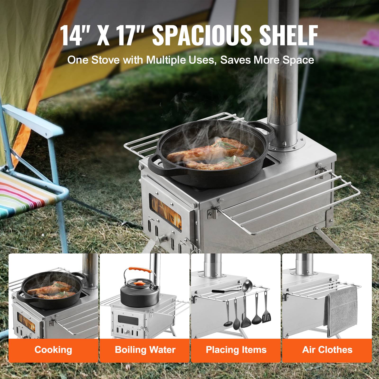 VEVOR Poêle à bois portable 80 pouces inox, 8 tuyaux, gants, pour tente camping 700 po³, cuisine/chauffage. - Image 3