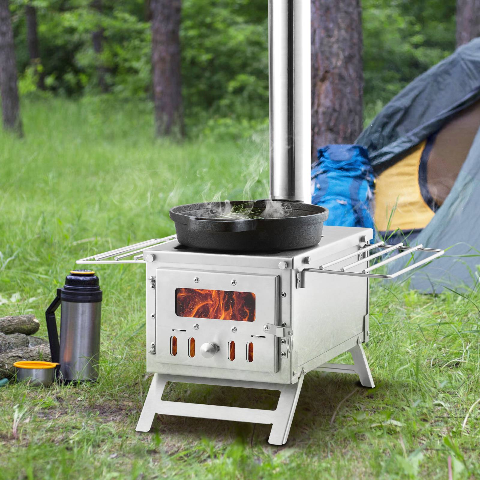 VEVOR Poêle à bois portable 80 pouces inox, 8 tuyaux, gants, pour tente camping 700 po³, cuisine/chauffage. - Image 8
