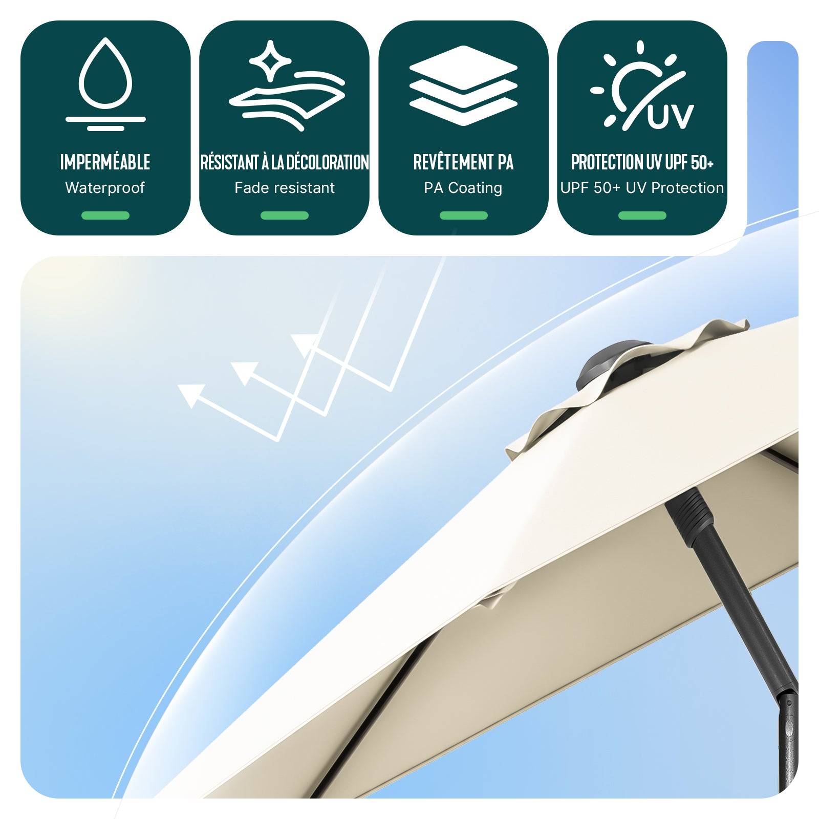 Vounot - Parasol de jardin inclinable 270cm avec aération supérieure et sac de transport à bandoulière - UV 50+ Beige - VOUNOT® - Image 4