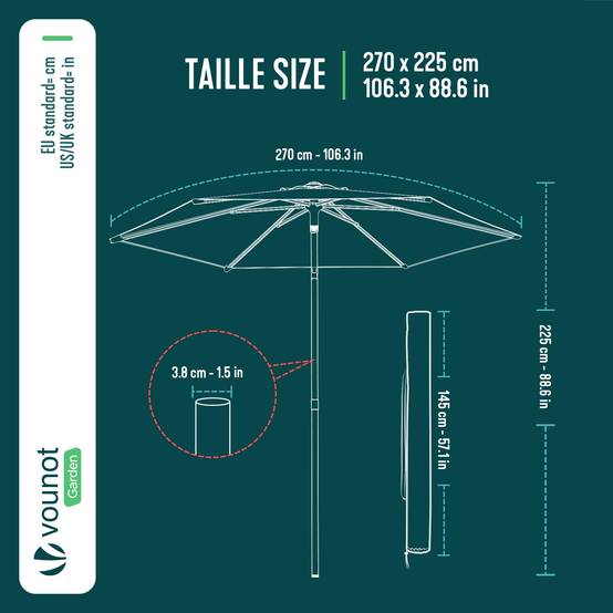 Vounot - Parasol de jardin inclinable 270cm avec aération supérieure et sac de transport à bandoulière - UV 50+ Beige - VOUNOT® - Image 3