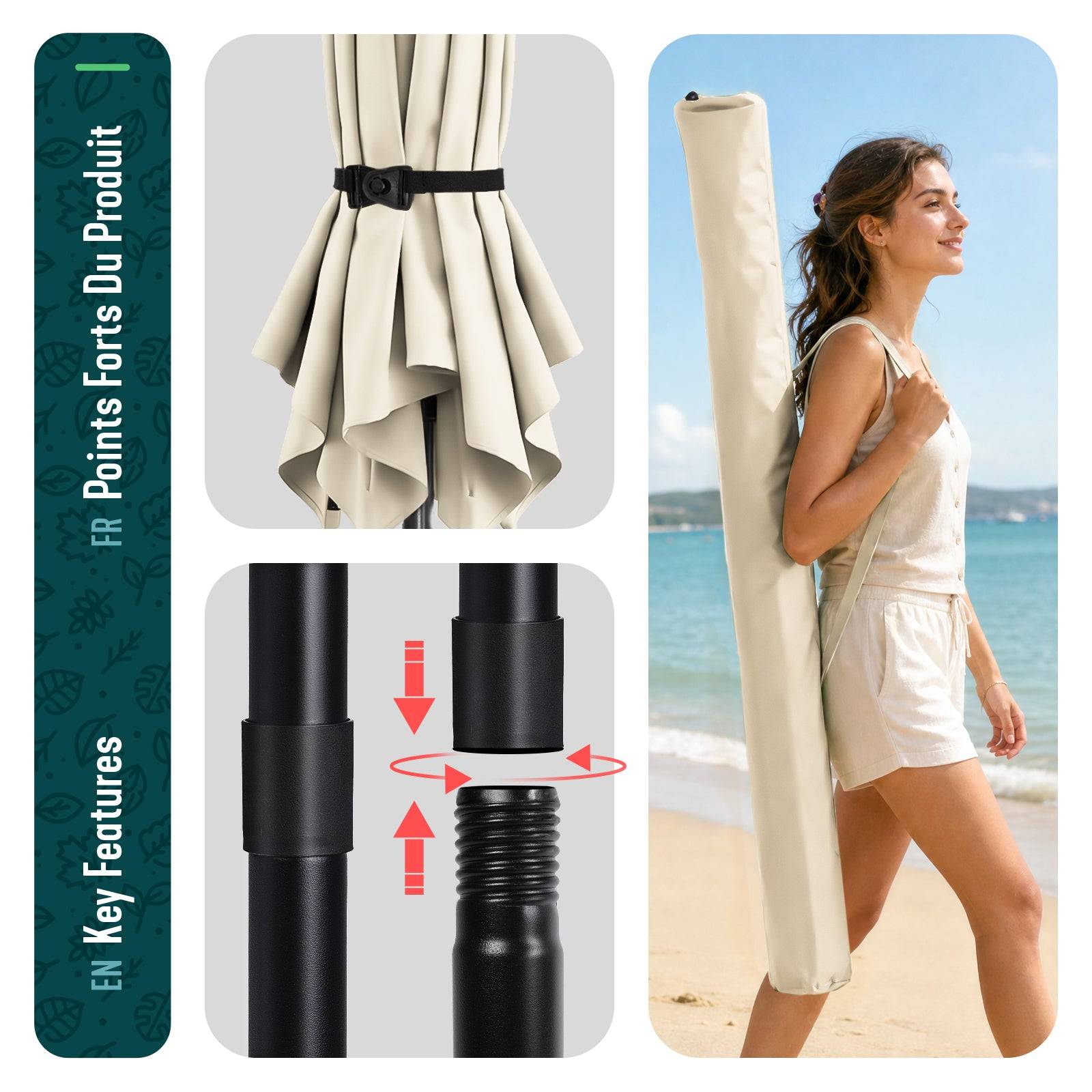 Vounot - Parasol de jardin inclinable 270cm avec aération supérieure et sac de transport à bandoulière - UV 50+ Beige - VOUNOT® - Image 7