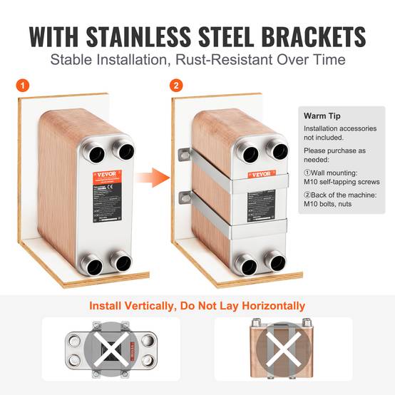 VEVOR Échangeur chaleur plaques brasées, 100 plaques. Cuivre/inox 316L, chauffage sol, eau. - Image 6