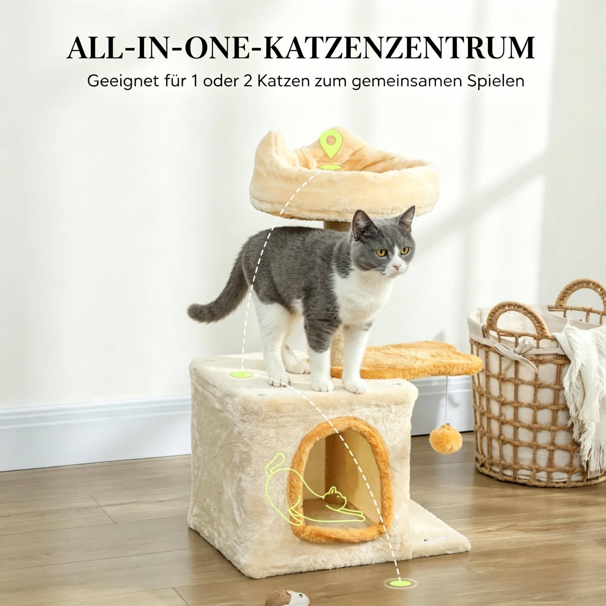 Arbre à chat 72 cm de hauteur, lit doux, plateforme en forme de poisson, niche peluche, poteau sisal et balle de jeu - Image 6