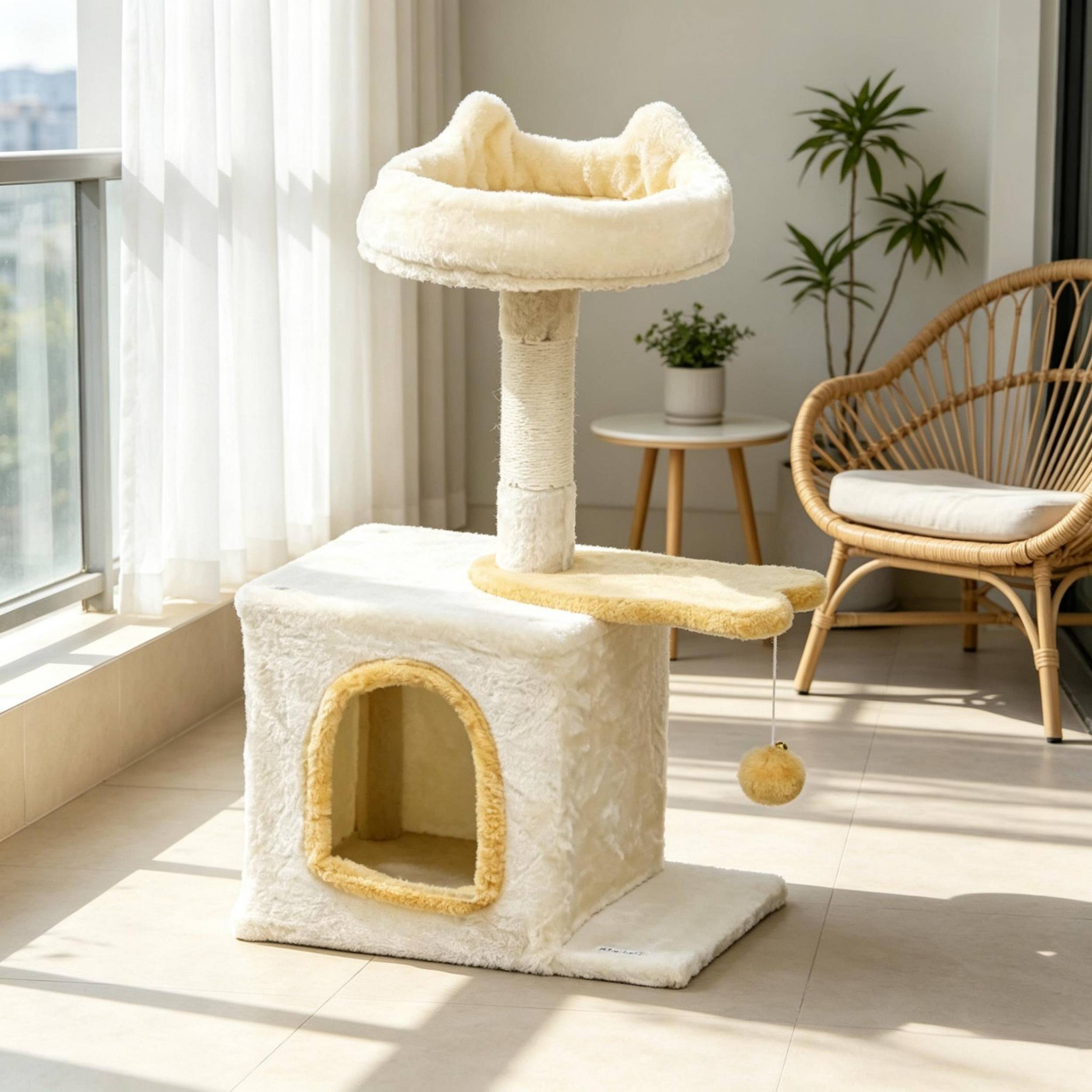 Arbre à chat 72 cm de hauteur, lit doux, plateforme en forme de poisson, niche peluche, poteau sisal et balle de jeu - Image 7