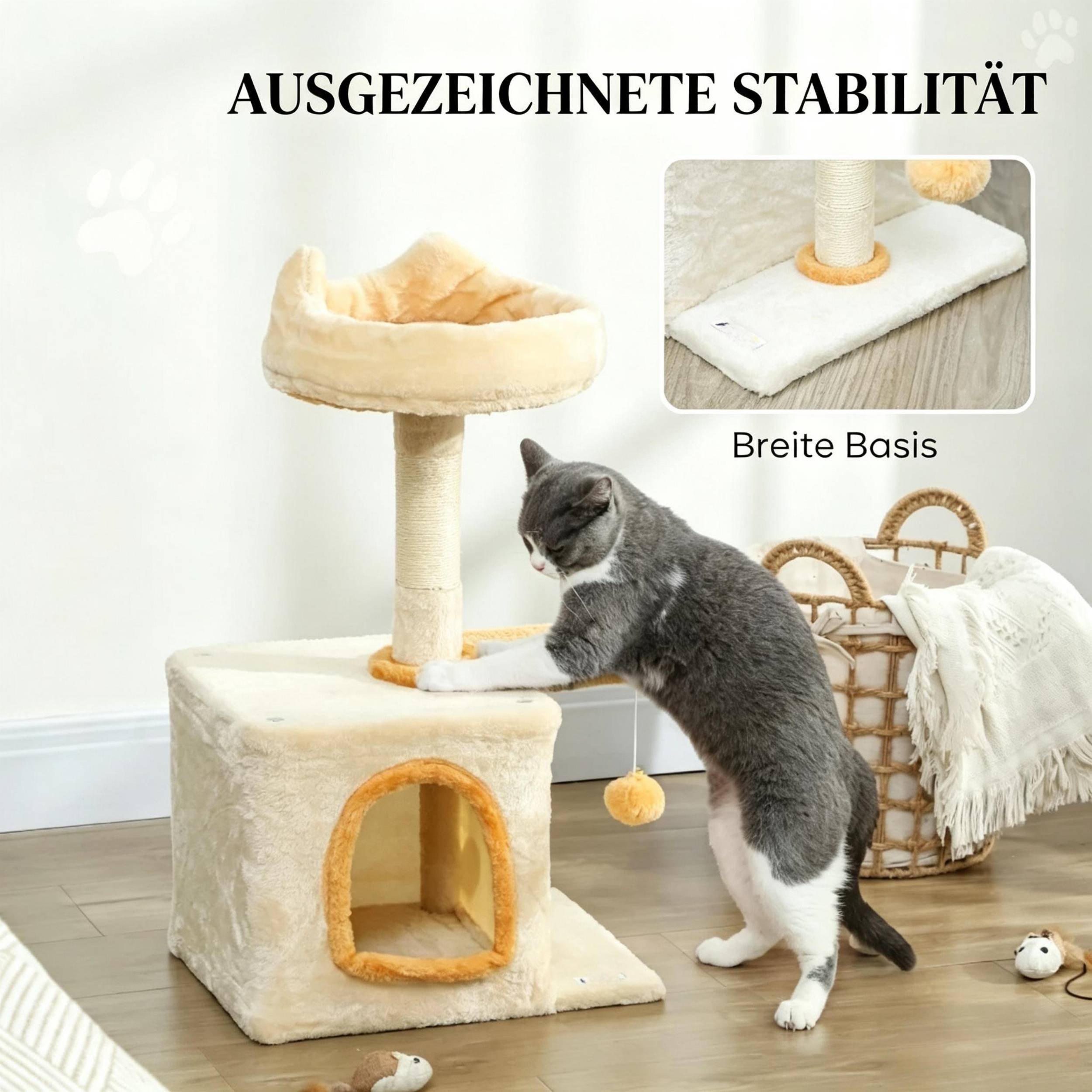 Arbre à chat 72 cm de hauteur, lit doux, plateforme en forme de poisson, niche peluche, poteau sisal et balle de jeu - Image 5