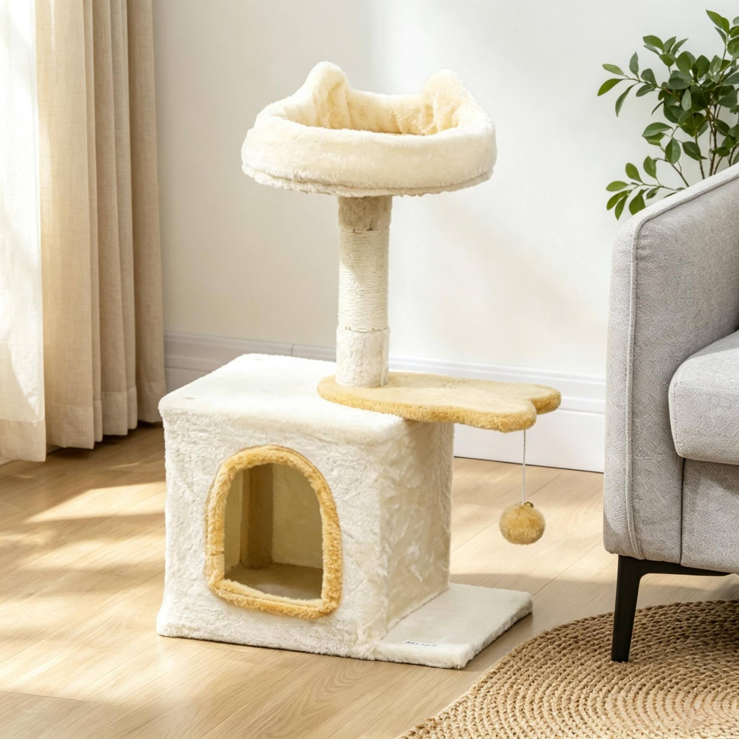 Arbre à chat 72 cm de hauteur, lit doux, plateforme en forme de poisson, niche peluche, poteau sisal et balle de jeu - Image 1