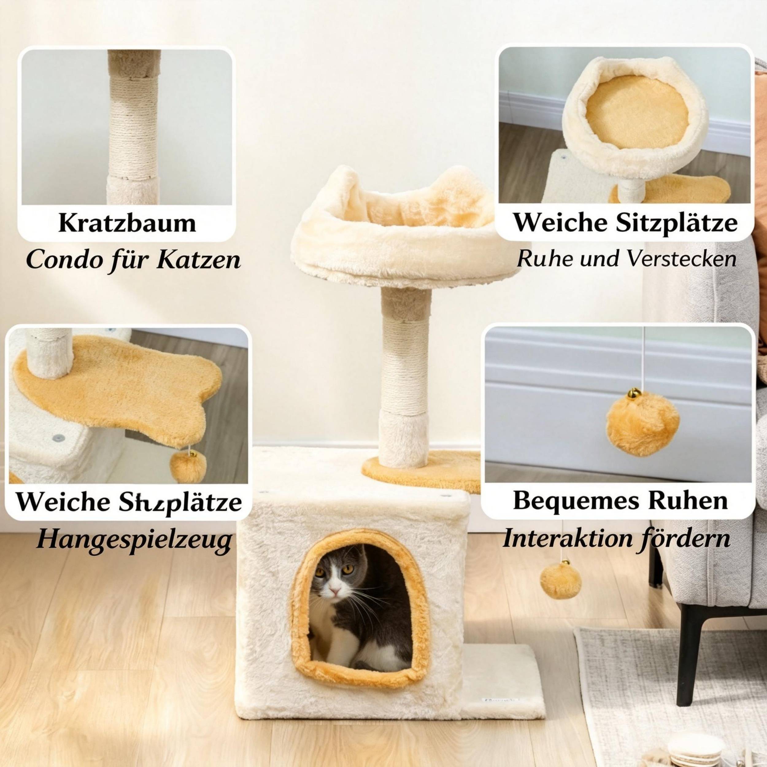 Arbre à chat 72 cm de hauteur, lit doux, plateforme en forme de poisson, niche peluche, poteau sisal et balle de jeu - Image 3