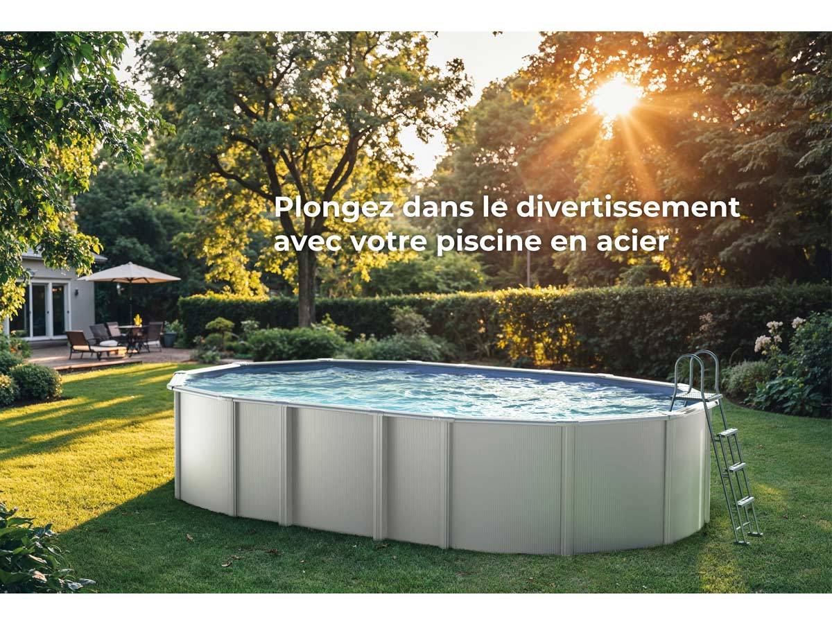 Gré - Kit piscine acier blanc Gré Haïti ovale 7,44 x 3,99 x 1,32 m + Bâche hiver + Bâche à bulles - Imagen 3