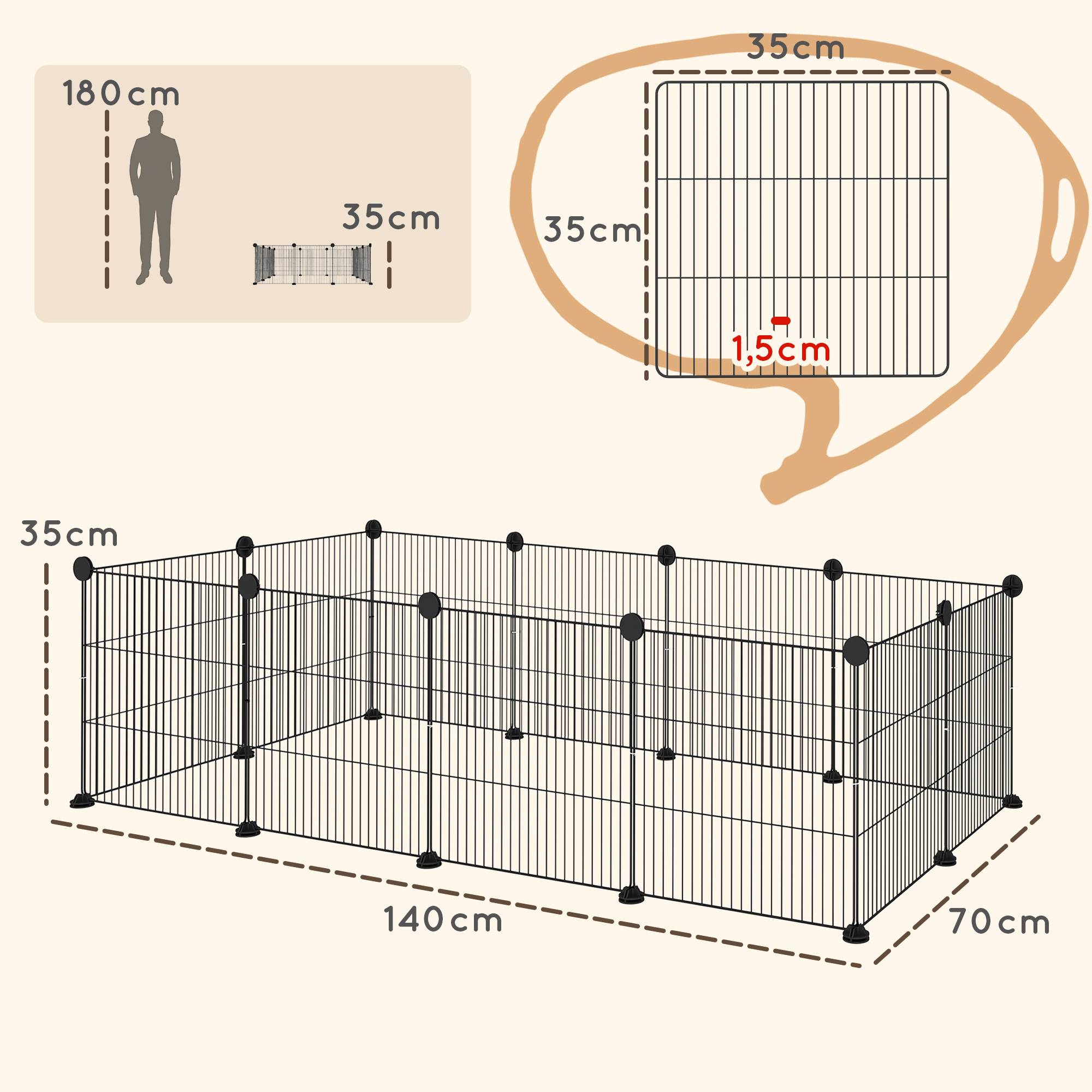 Enclos modulable fil acier pour petits rongeurs bords arrondis 140x35cm noir - ComfortXL Outdoor Living - Image 5