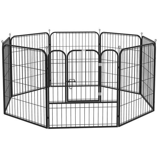 Parc pour animaux de compagnie à 8 panneaux, 80 x 80 cm, avec porte et double fermeture métallique, noir. - Image 1