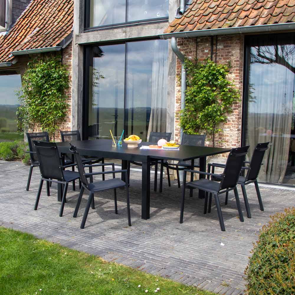 Wilsa Garden - Ensemble BLACKSTAR 8/12p en aluminium noir et verre noir avec 8 fauteuils en textilène - Imagen 2