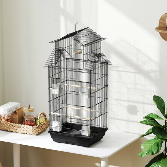 Cage à oiseaux volière avec balançoire poignée portable 4 mangeoires 3 perchoirs 50,5 x 41 x 104 cm en acier noir - Image 10