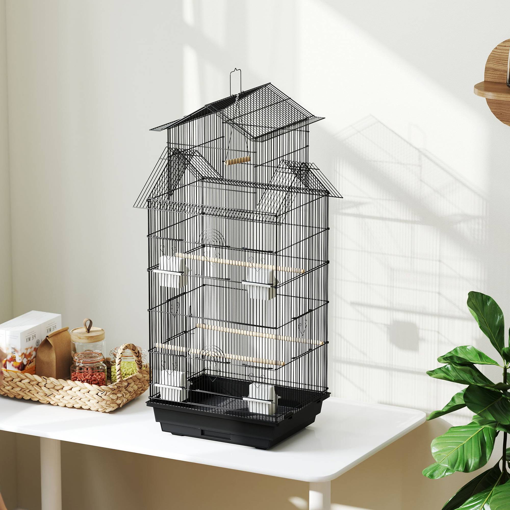 Cage à oiseaux volière avec balançoire poignée portable 4 mangeoires 3 perchoirs 50,5 x 41 x 104 cm en acier noir - Image 10