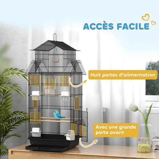 Cage à oiseaux volière avec balançoire poignée portable 4 mangeoires 3 perchoirs 50,5 x 41 x 104 cm en acier noir - Image 8