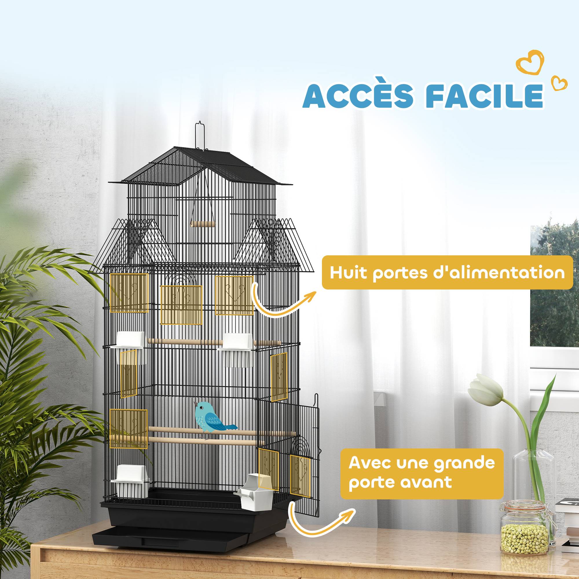 Cage à oiseaux volière avec balançoire poignée portable 4 mangeoires 3 perchoirs 50,5 x 41 x 104 cm en acier noir - Image 8