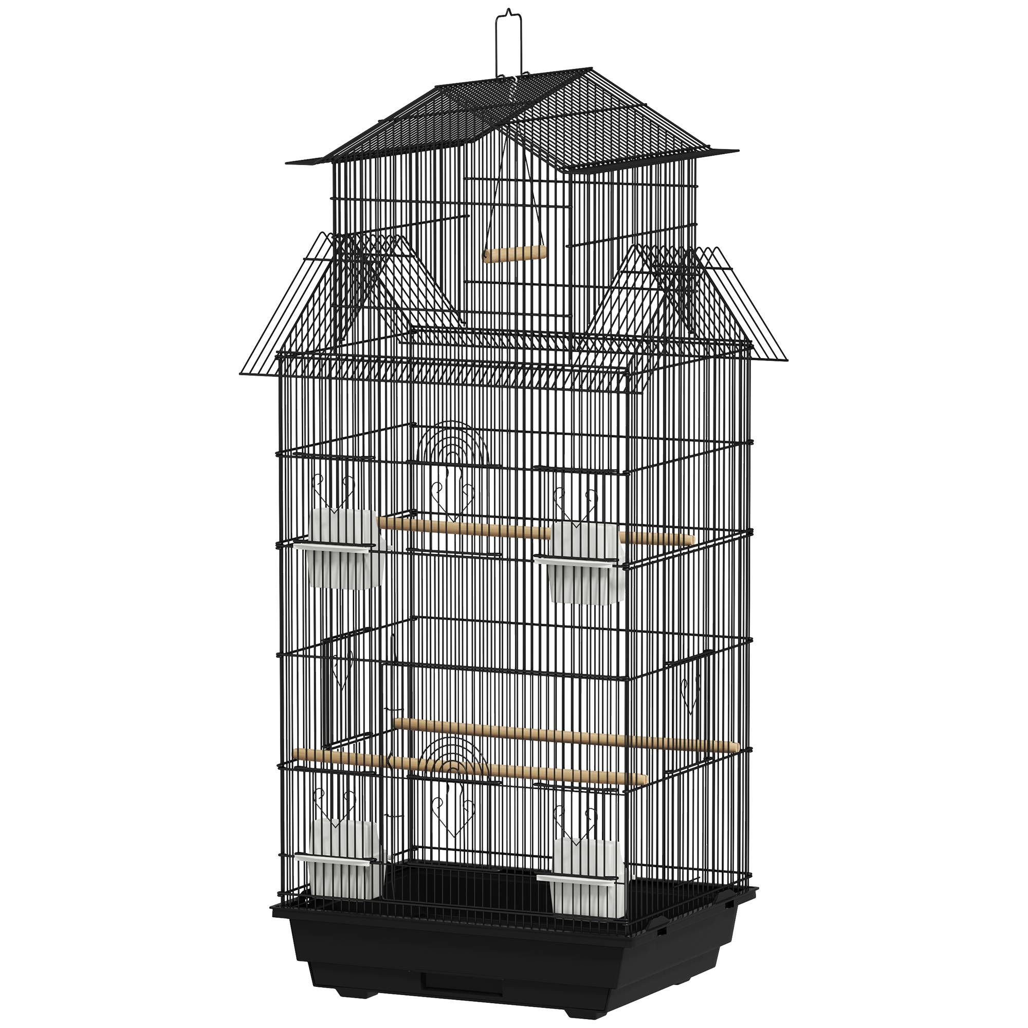 Cage à oiseaux volière avec balançoire poignée portable 4 mangeoires 3 perchoirs 50,5 x 41 x 104 cm en acier noir - Image 2