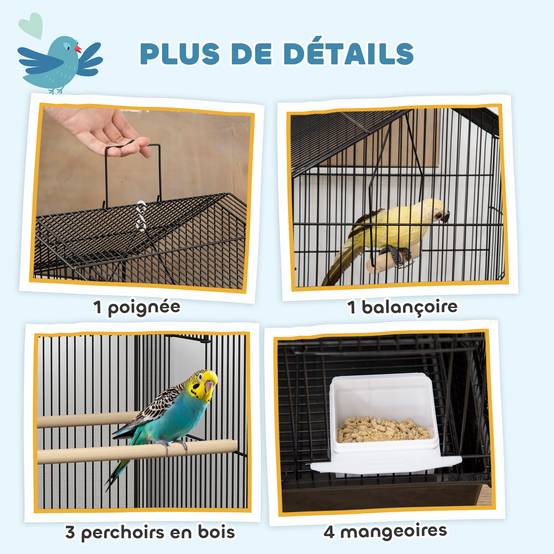 Cage à oiseaux volière avec balançoire poignée portable 4 mangeoires 3 perchoirs 50,5 x 41 x 104 cm en acier noir - Image 6