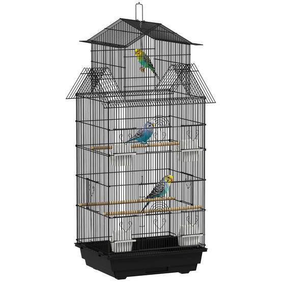 Cage à oiseaux volière avec balançoire poignée portable 4 mangeoires 3 perchoirs 50,5 x 41 x 104 cm en acier noir - Image 1
