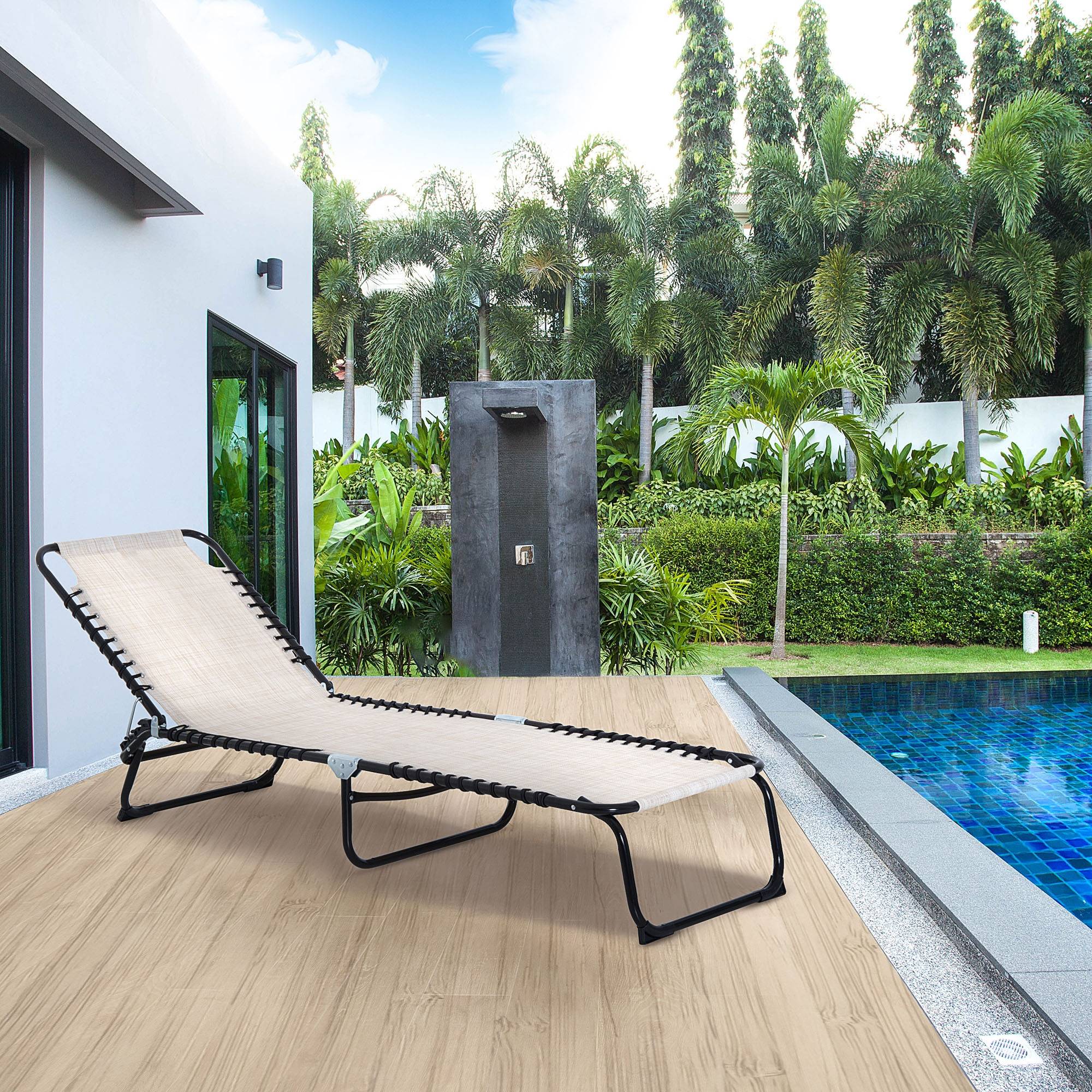 Outsunny - Bain de soleil transat pliable dossier inclinable multi-positions acier thermoplastique lacets élastiques noir textilène crème - Outsunny - Imagen 2