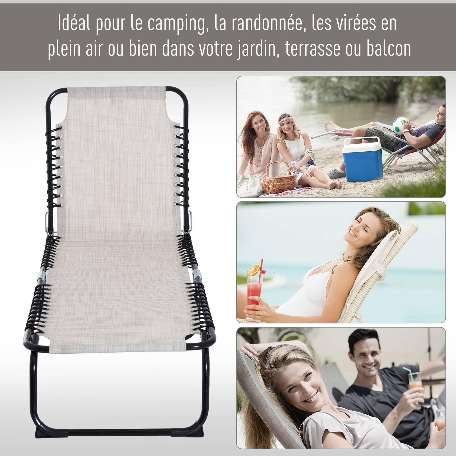 Outsunny - Bain de soleil transat pliable dossier inclinable multi-positions acier thermoplastique lacets élastiques noir textilène crème - Outsunny - Imagen 7