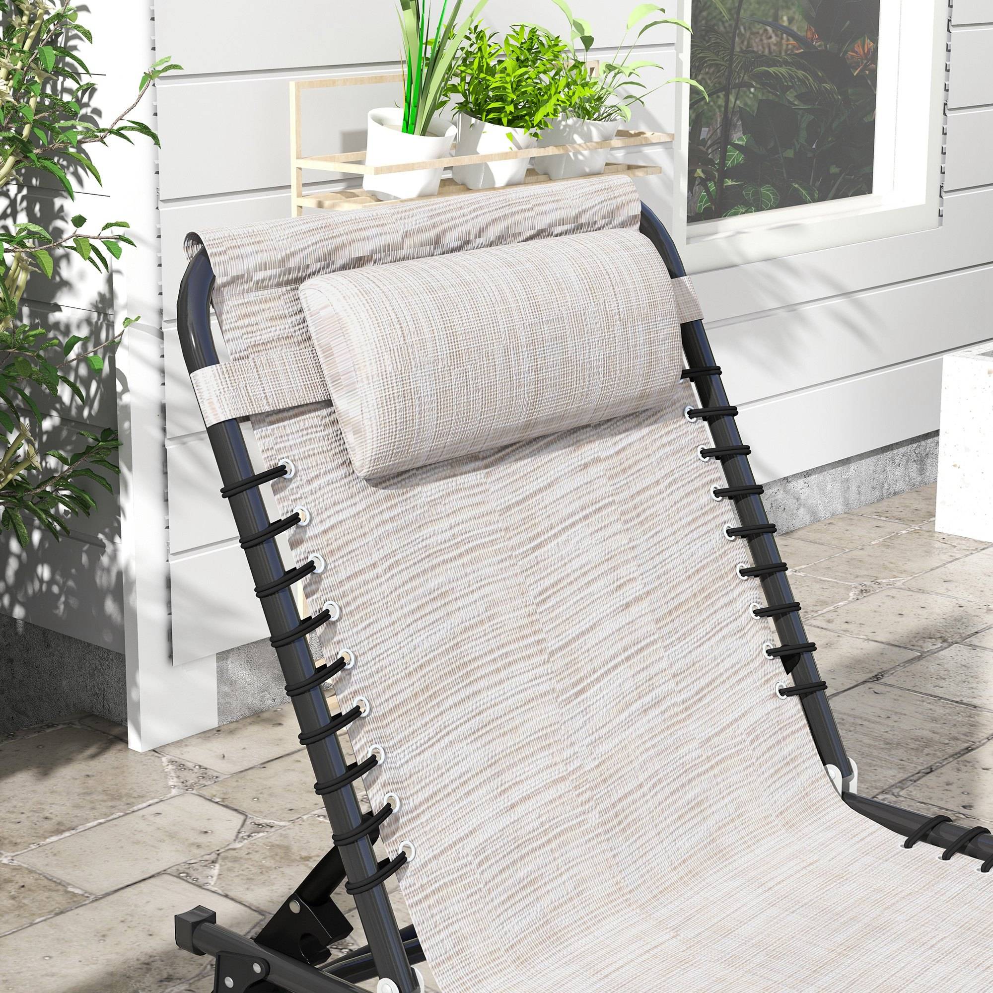 Outsunny - Bain de soleil transat pliable dossier inclinable multi-positions acier thermoplastique lacets élastiques noir textilène crème - Outsunny - Imagen 8