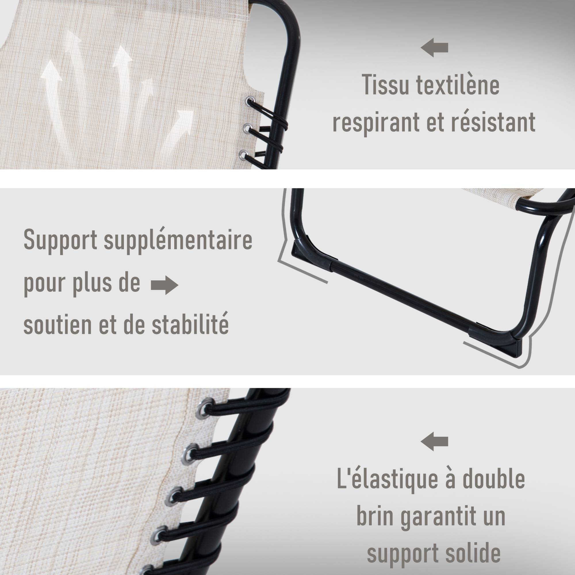 Outsunny - Bain de soleil transat pliable dossier inclinable multi-positions acier thermoplastique lacets élastiques noir textilène crème - Outsunny - Imagen 6