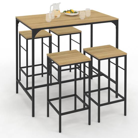 Ensemble table haute de bar DETROIT 100 cm et 4 tabourets bois et métal noir design industriel - Image 2
