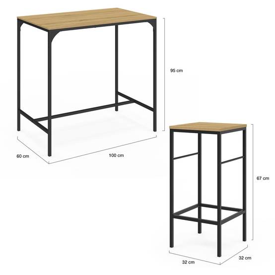 Ensemble table haute de bar DETROIT 100 cm et 4 tabourets bois et métal noir design industriel - Image 5