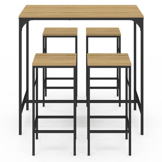 Ensemble table haute de bar DETROIT 100 cm et 4 tabourets bois et métal noir design industriel - Image 3