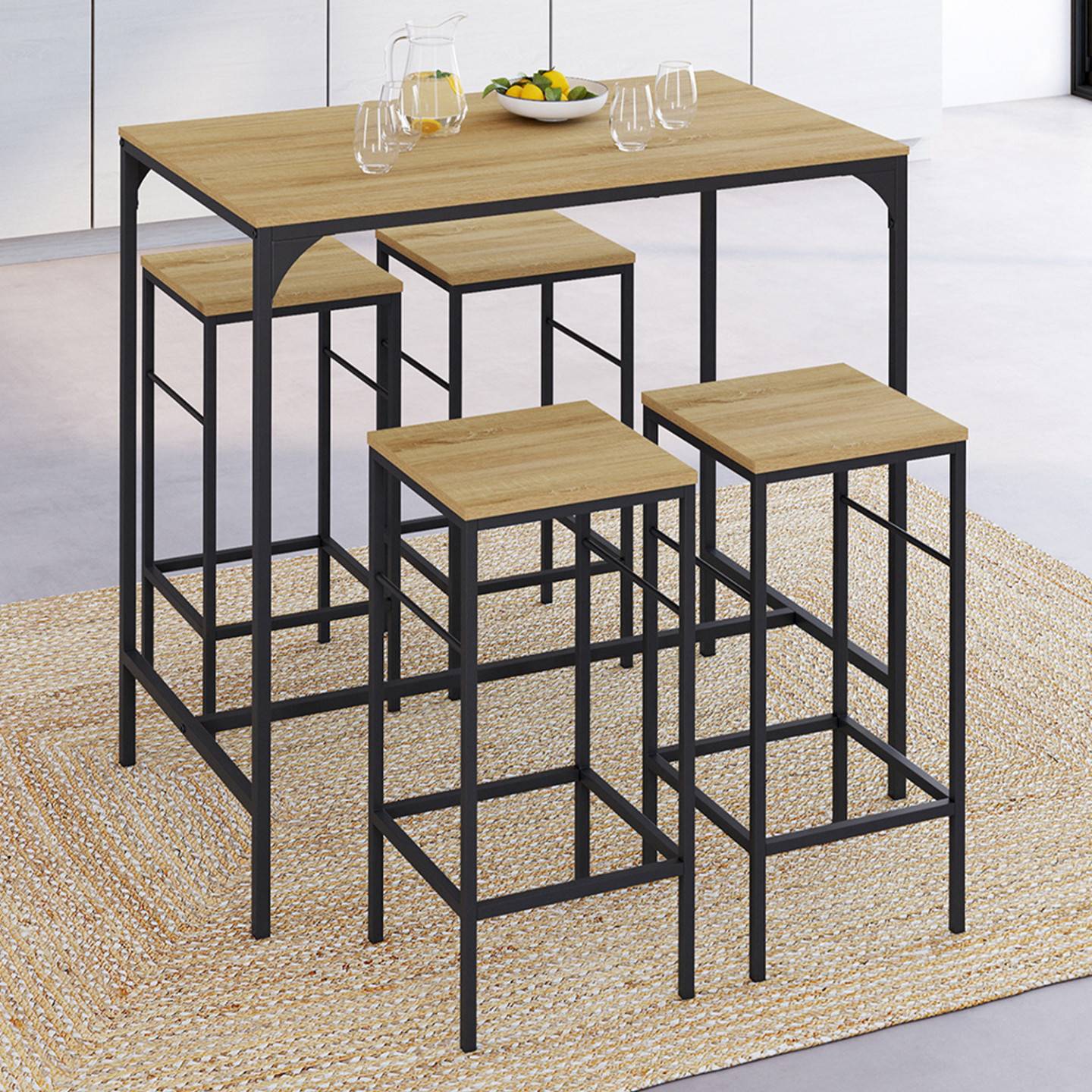 Ensemble table haute de bar DETROIT 100 cm et 4 tabourets bois et métal noir design industriel - Image 1