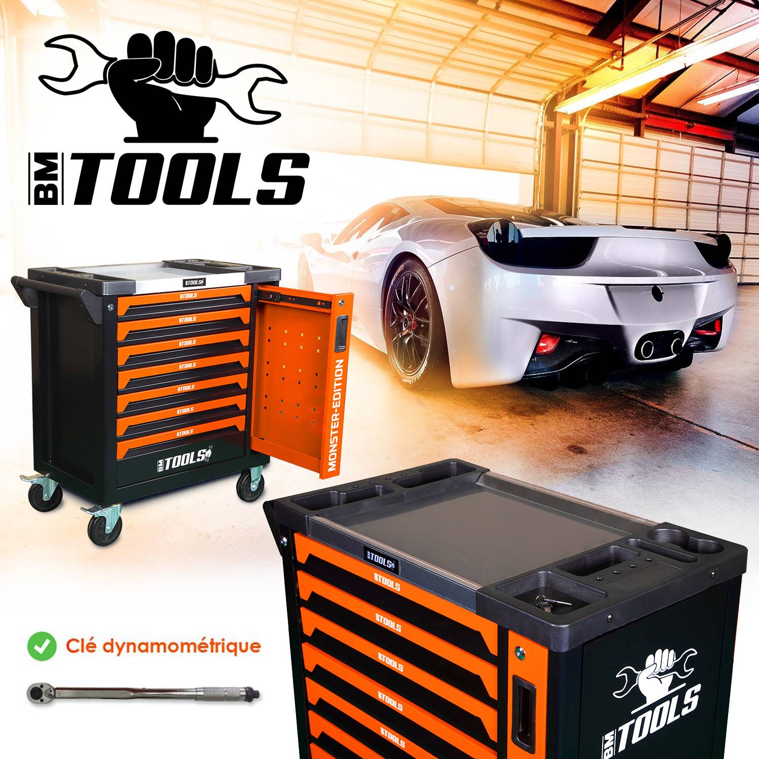Servante d'atelier Mécanique BM TOOLS 9/7 MONSTER ORANGE 7 tiroirs pleins, Tiroir en façade - 257 outils - Chariot sur roulettes - Image 3