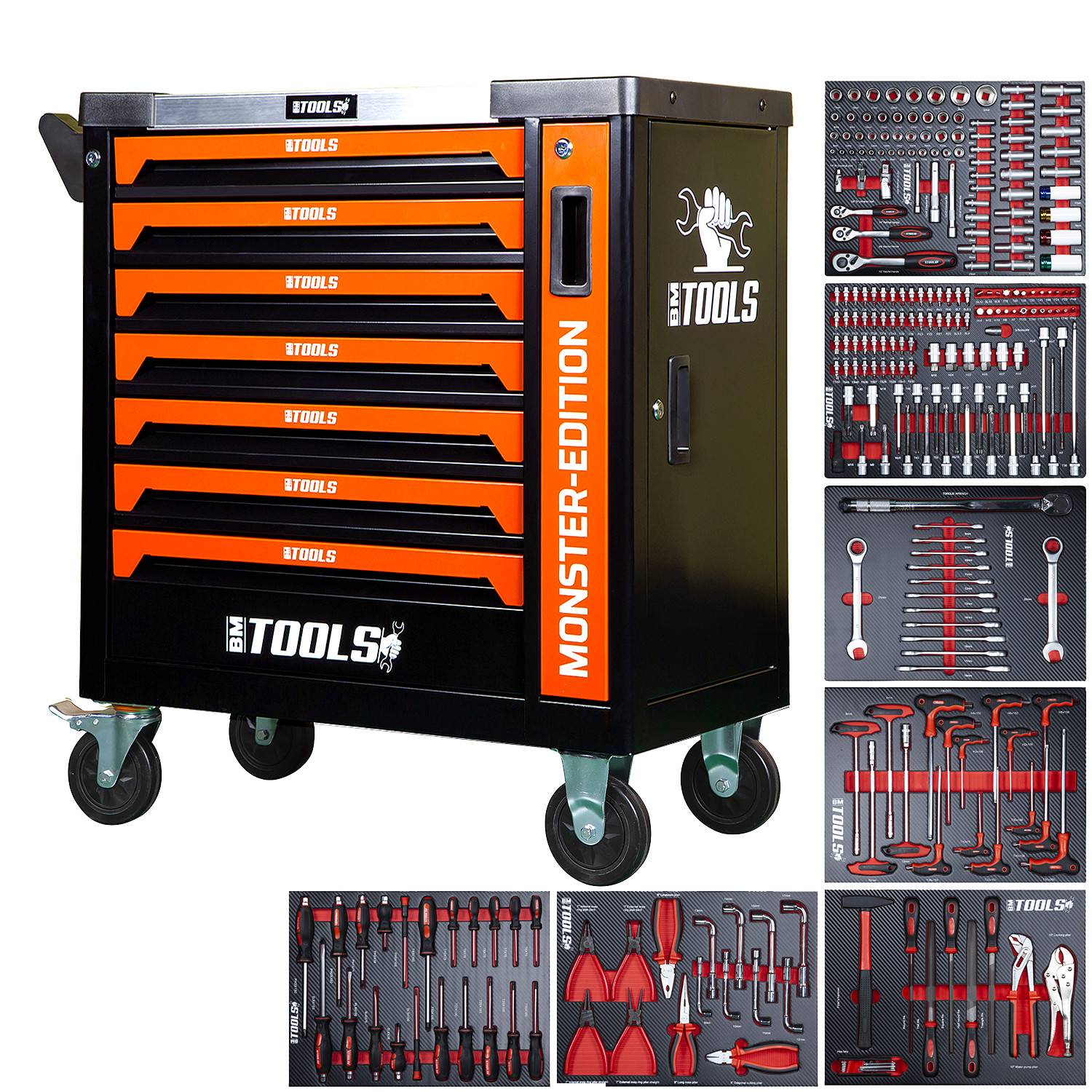 Servante d'atelier Mécanique BM TOOLS 9/7 MONSTER ORANGE 7 tiroirs pleins, Tiroir en façade - 257 outils - Chariot sur roulettes - Image 2