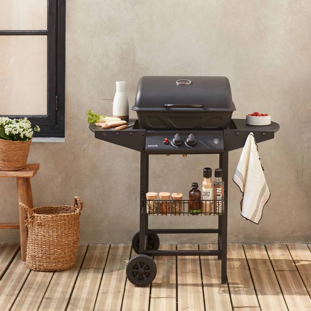 Barbecue au gaz - Aramis -  Cuisine extérieure 2 brûleurs avec tablettes latérales et thermomètre | sweeek - Image 1