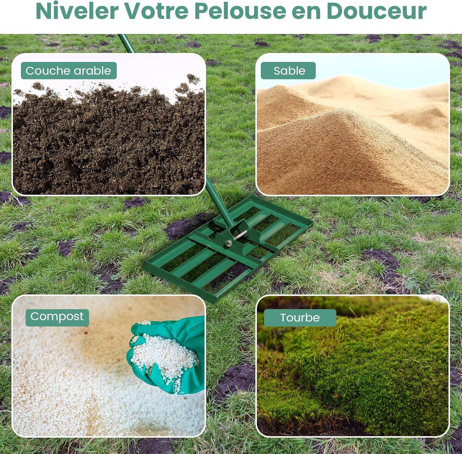 Râteau de Nivellement, 4325cm Râteau de Nivellement de Pelouse avec Poignée Réglable - Soudures