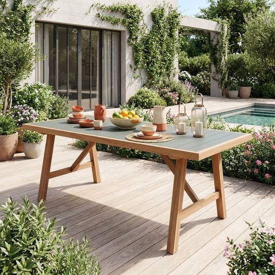 sweeek - Table de jardin bois d'acacia et aluminium 8 places kaki - Eldora | sweeek - Image 1