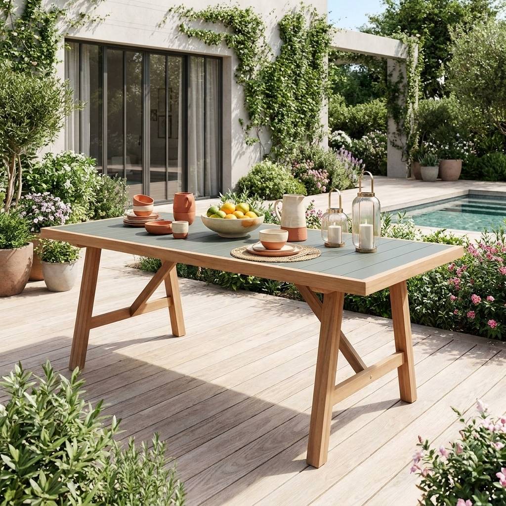 sweeek - Table de jardin bois d'acacia et aluminium 8 places kaki - Eldora | sweeek