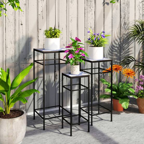 Lot 3 sellettes porte-plantes métal terrasse extérieur mosaïque bleu blanc 28x28x71cm - ComfortXL Outdoor Living - Image 4