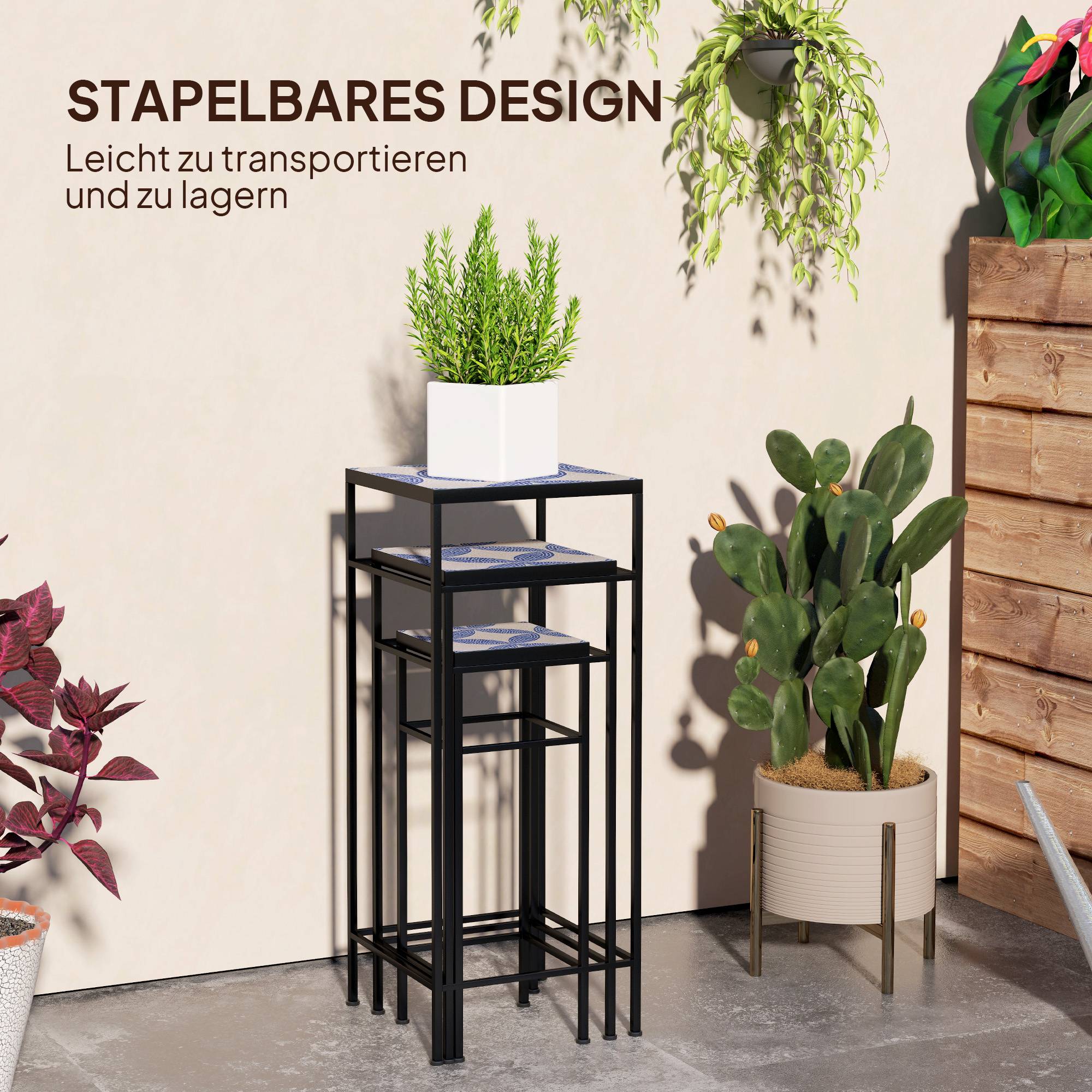 Lot 3 sellettes porte-plantes métal terrasse extérieur mosaïque bleu blanc 28x28x71cm - ComfortXL Outdoor Living - Image 10