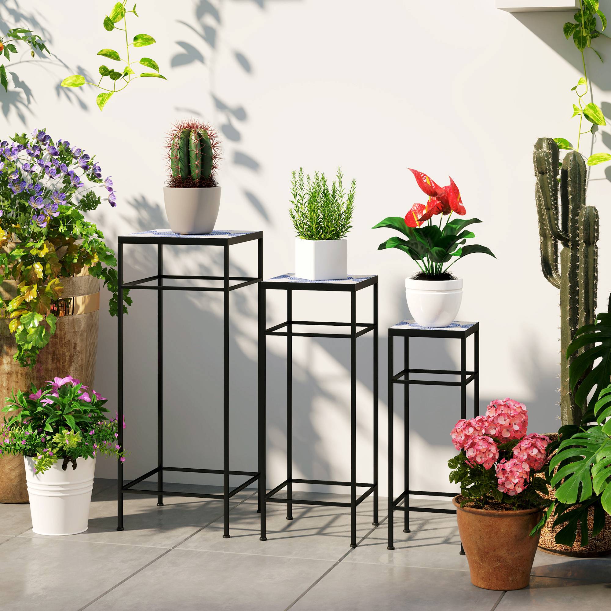 Lot 3 sellettes porte-plantes métal terrasse extérieur mosaïque bleu blanc 28x28x71cm - ComfortXL Outdoor Living - Image 3