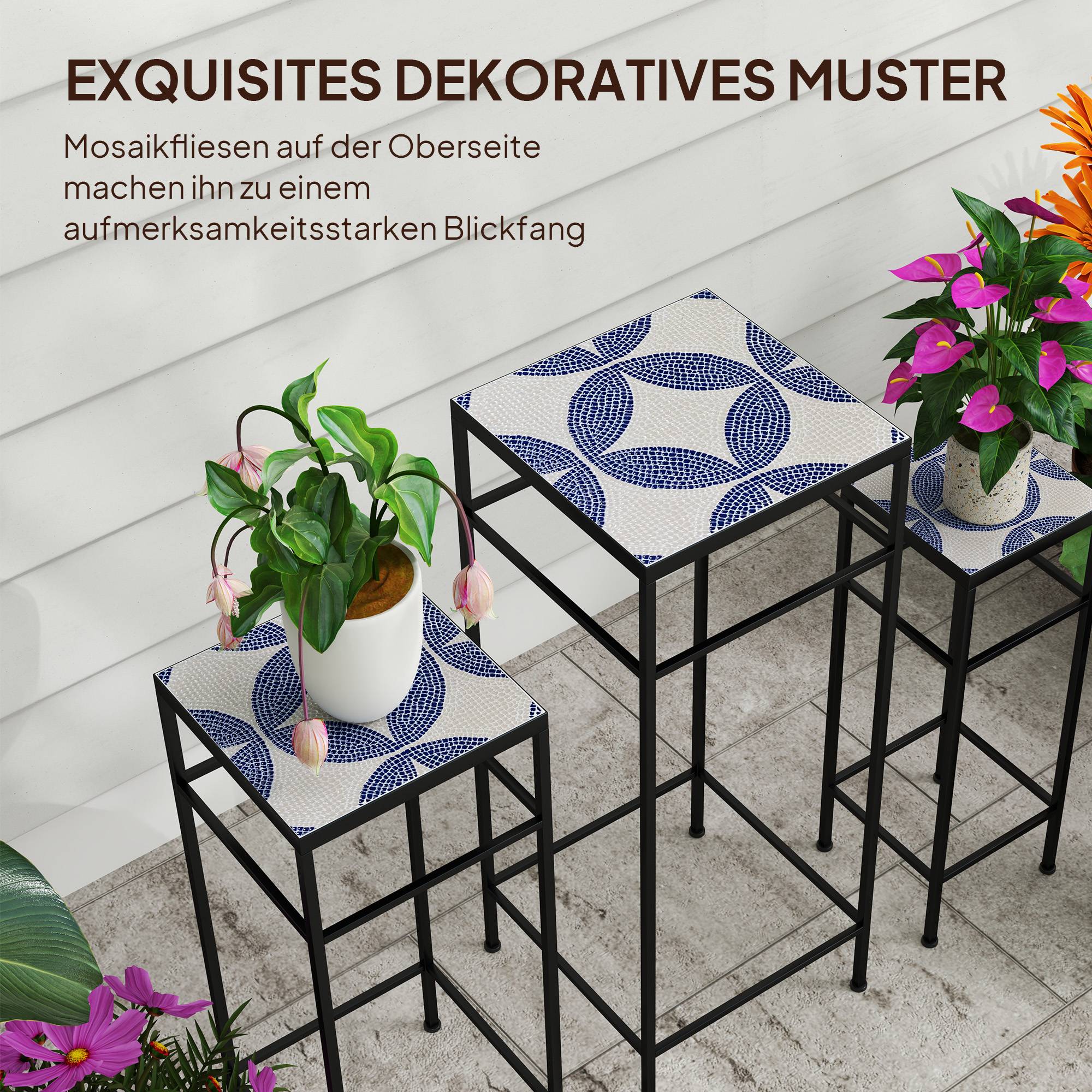 Lot 3 sellettes porte-plantes métal terrasse extérieur mosaïque bleu blanc 28x28x71cm - ComfortXL Outdoor Living - Image 7