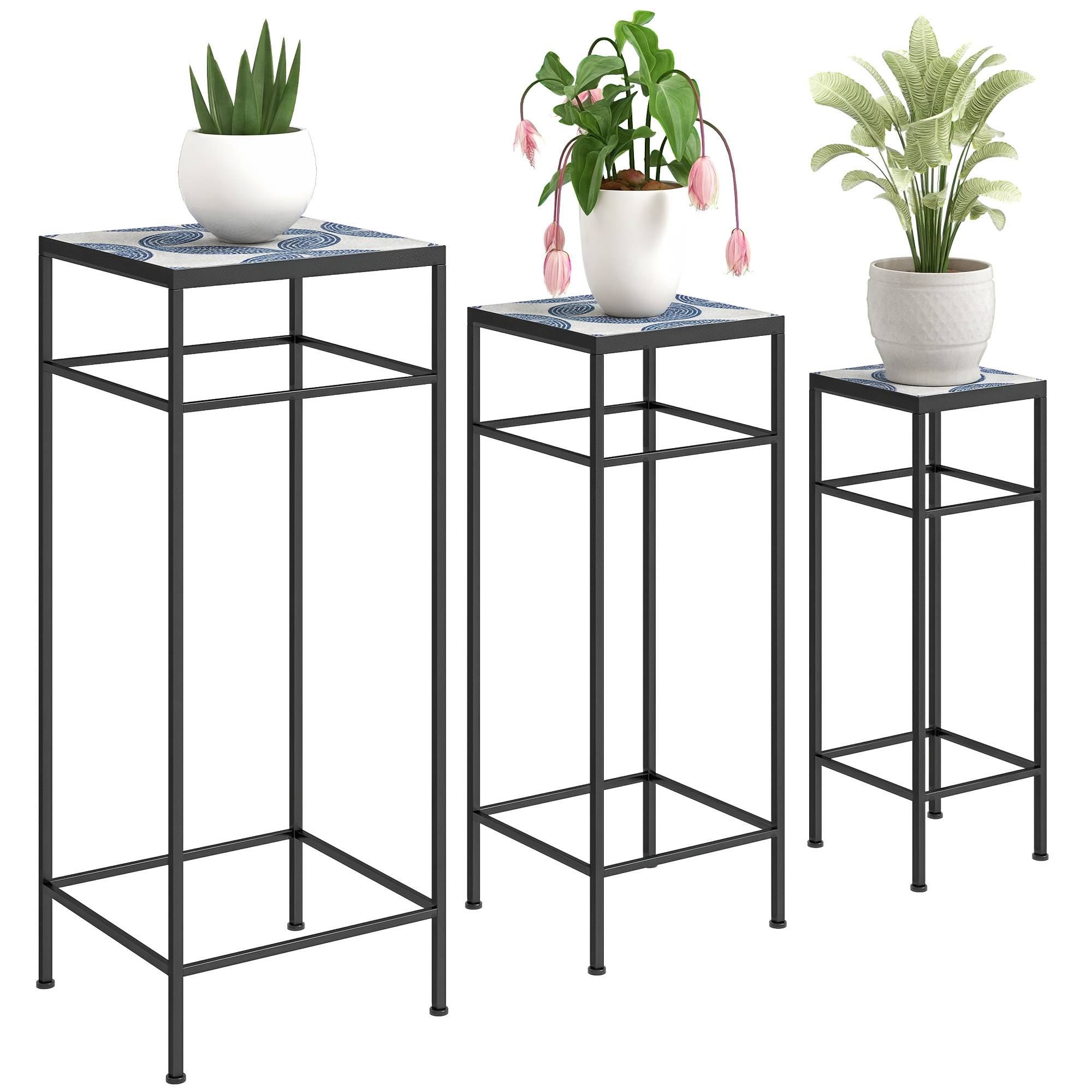Lot 3 sellettes porte-plantes métal terrasse extérieur mosaïque bleu blanc 28x28x71cm - ComfortXL Outdoor Living - Image 1