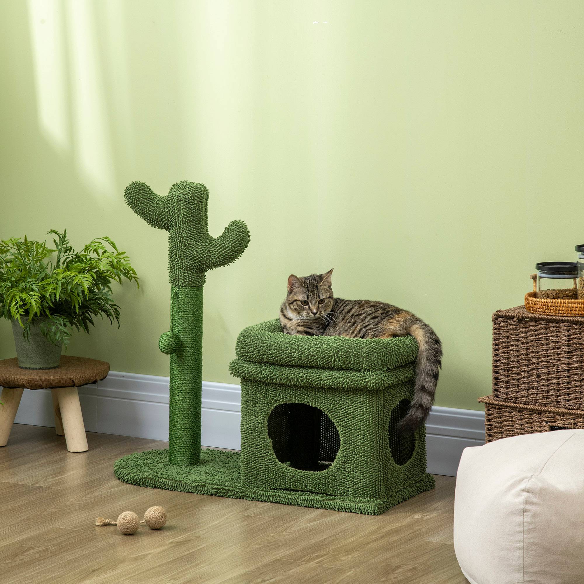 Arbre à Chat Design Cactus avec Niche et Griffoir Sisal pour Petit Chat 67 cm Vert - ComfortXL Outdoor Living - Image 3