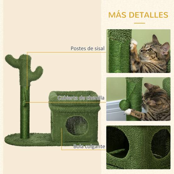 Arbre à Chat Design Cactus avec Niche et Griffoir Sisal pour Petit Chat 67 cm Vert - ComfortXL Outdoor Living - Image 7