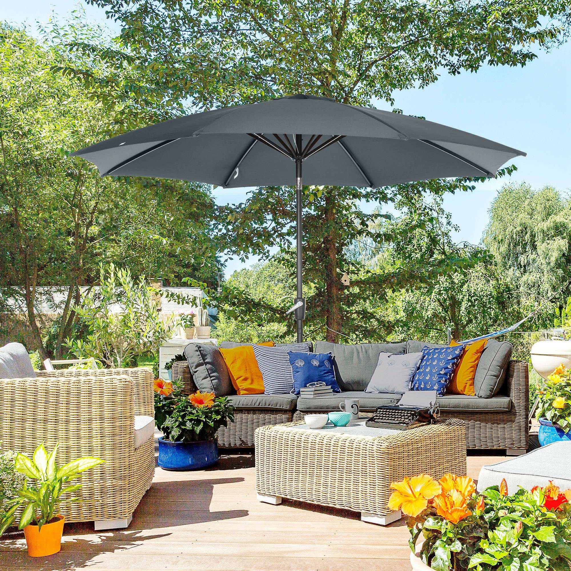 Parasol de jardin à manivelle et toit inclinable pour terrasse ou patio extérieur Ø300 x 252 cm Gris - Image 4