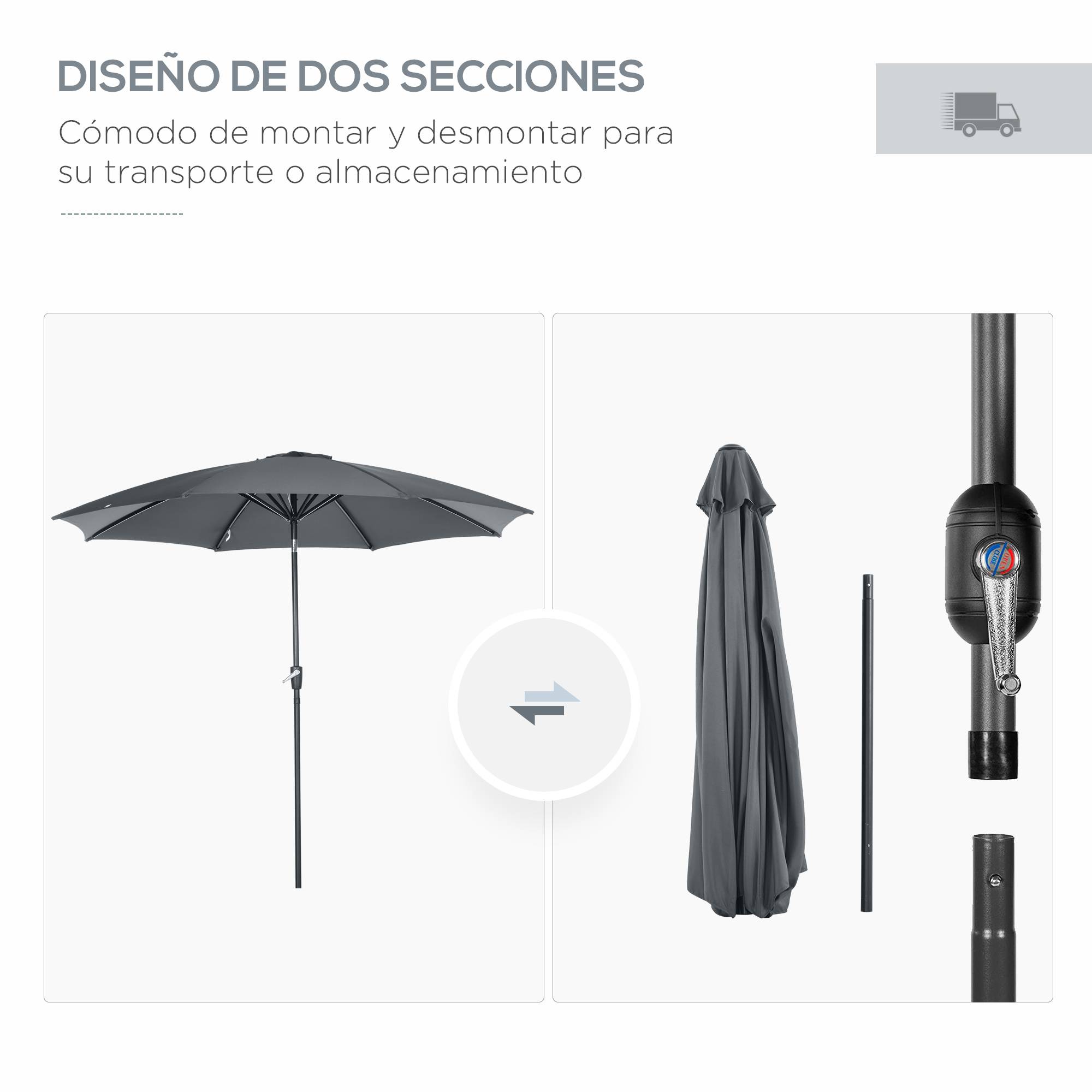 Parasol de jardin à manivelle et toit inclinable pour terrasse ou patio extérieur Ø300 x 252 cm Gris - Image 10