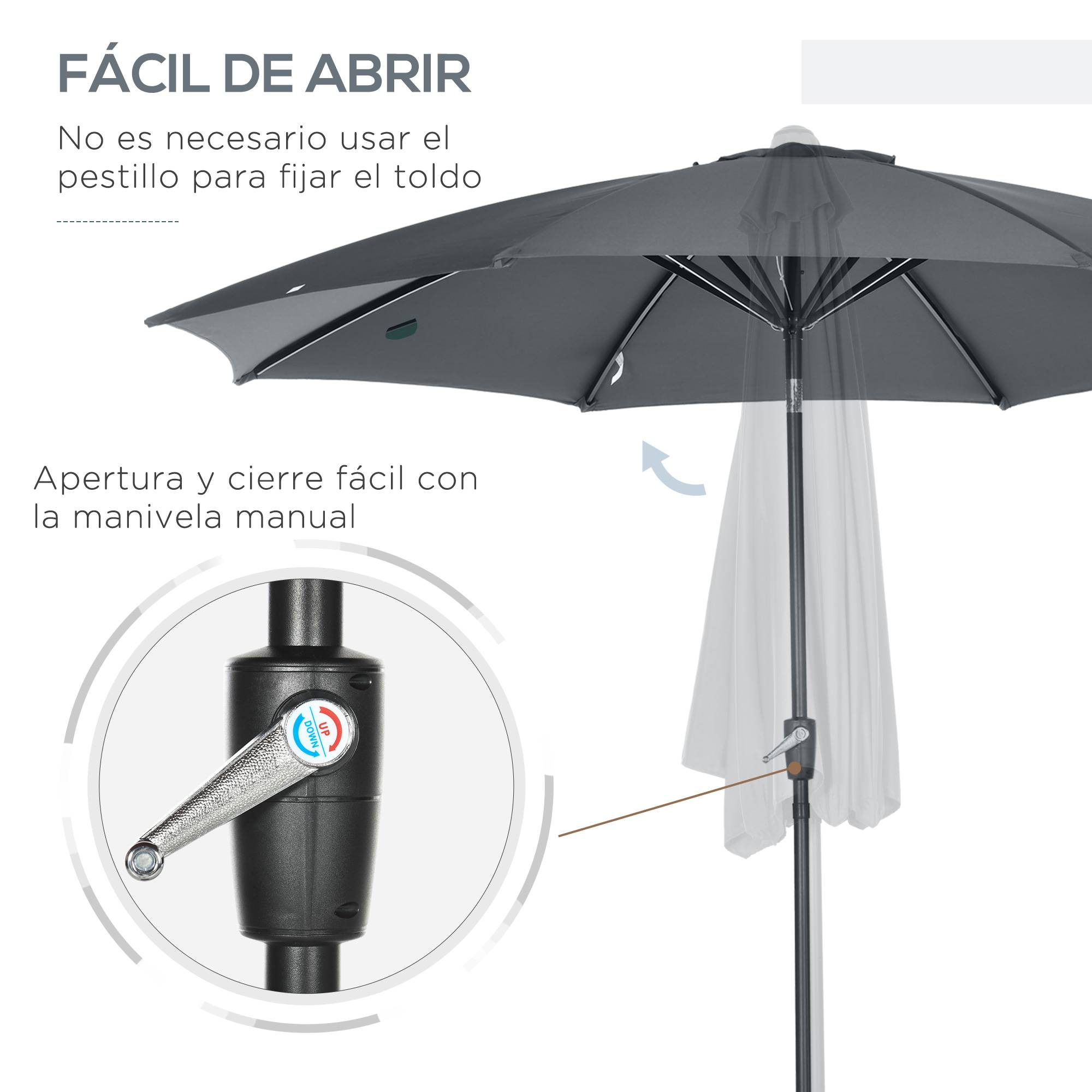 Parasol de jardin à manivelle et toit inclinable pour terrasse ou patio extérieur Ø300 x 252 cm Gris - Image 7
